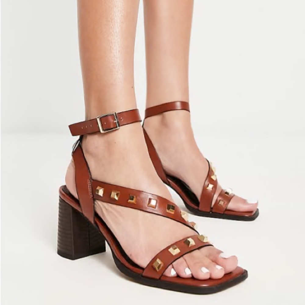 ASOS DESIGN Halter Studded Chunky Mid Heel Sandals in Tan 💕NEVER WORN💕